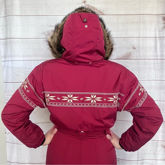Vintage Bogner One-Piece Embroidered Ski Suit Fur Trimmed Hood Burgundy Sz 10 - Picture 6 of 16